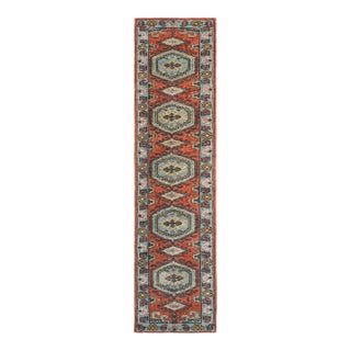 3x15Ft. Brunt Orange Light Blue Persian Design Inspired Hand Knotted Wool Runner Rug For Sale