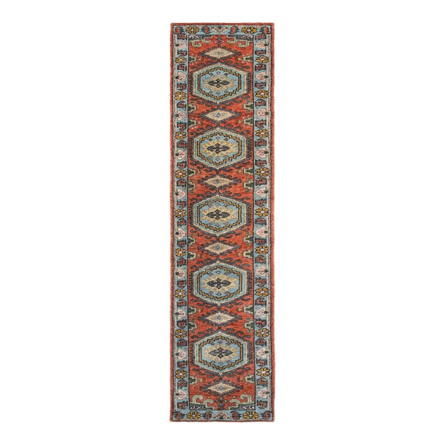 3x15Ft. Brunt Orange Light Blue Persian Design Inspired Hand Knotted Wool Runner Rug For Sale