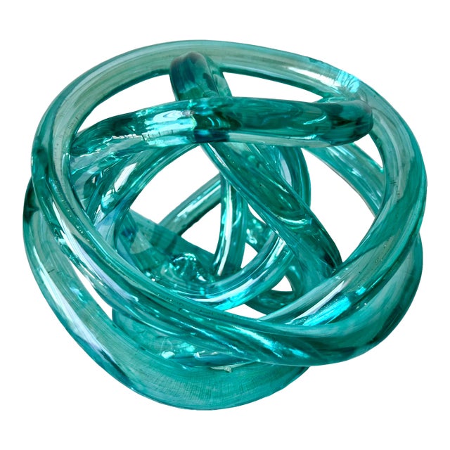 Hand=Blown Turquoise 7" Glass Knot Sculpture For Sale