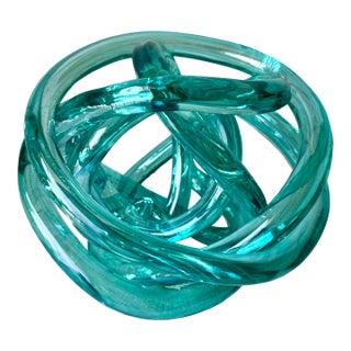 Turquoise Hand-Blown Glass 'Knot' Sculpture/Paperweight For Sale