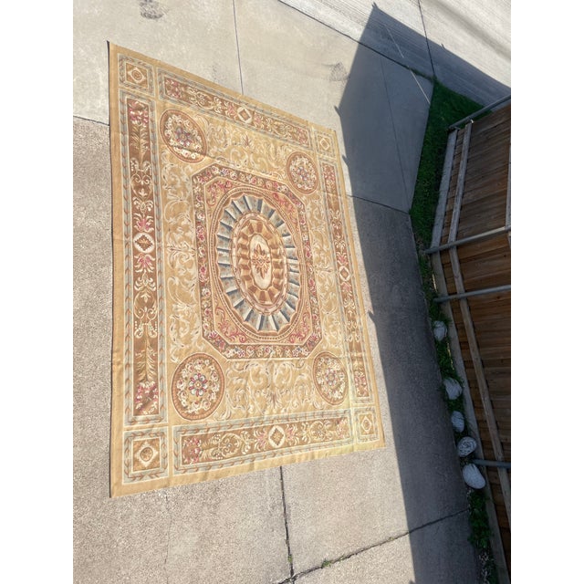 Aubusson Flatweave Rug in Gold, Beige-Brown & Blue Florals For Sale - Image 12 of 12