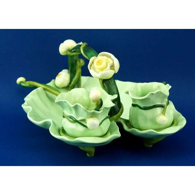 abulous tray with bowls and ladles for strawberries and cream or other sauces, in vitrified majolica ceramic, molded and...