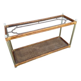 Palm Beach Chic Rattan Cane and Gold Console Table For Sale