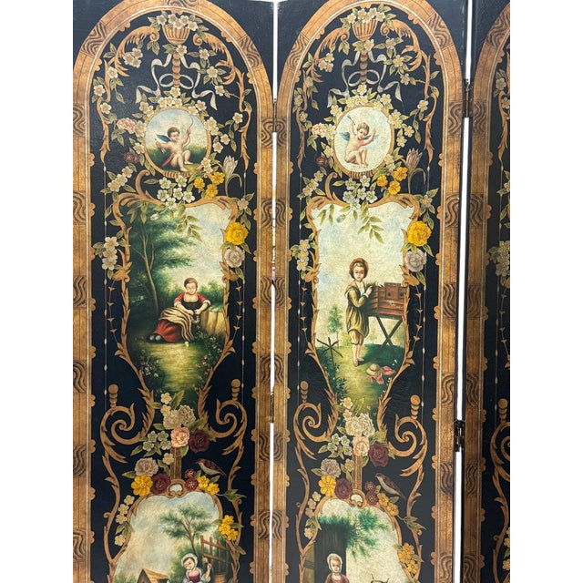 Late 20th Century Ornate Four-Panel Folding Room Divider For Sale - Image 4 of 5