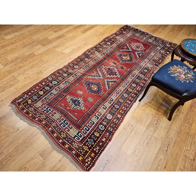 19th Century Caucasian Kazak Rug, Hand-Knotted Wool, Geometric Medallions, 4' x 9' For Sale - Image 4 of 17