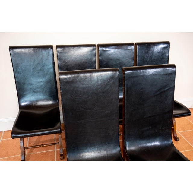 Mid-Century Spanish Oak and Black Leather Dining Chairs by Pierre Lottier for Valmazan, 1960s, Set of 6 For Sale - Image 15 of 18