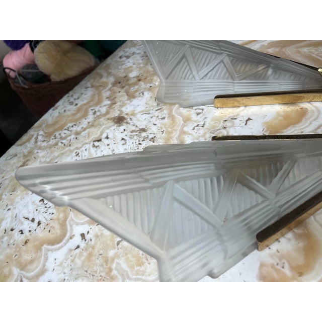 1970s Paris Flea Market, Art Deco Brass Sconces With Detailed Glass - Pair For Sale - Image 9 of 12