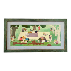 Mid Century Picnic Scene Oil Painting on Board Eugene Arcieri