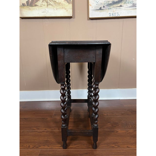 Petite Antique English Side Sofa Table Barley Twist Drop Leaf Gateleg Carved Oak For Sale - Image 10 of 18