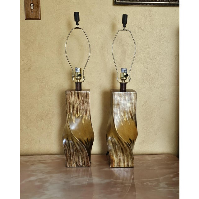 2000 - 2009 Mid-Century Modern Style Twisted Wood Look Table Lamps With Suede Lamp Shades - a Pair For Sale - Image 5 of 12
