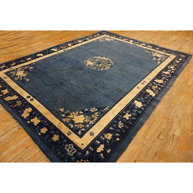 1920s 1920s Antique Blue Medallion Oriental Chinese Peking Hand Knotted Rug For Sale - Image 5 of 12