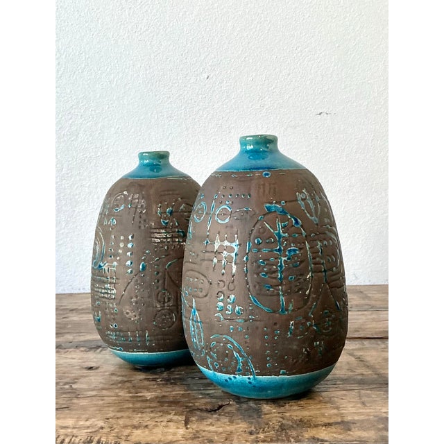 Vintage Glazed Ceramic Scored Vases - A Pair For Sale - Image 10 of 12