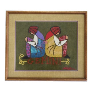 Framed Mod Zodiac Gemini Twins Crewel Work Needlepoint, 1970's For Sale