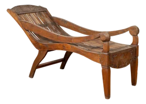 Antique Indonesian Reclining Plantation Chair With Bamboo Slats and Carved Décor