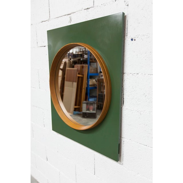 Round Teak Wall Mirror on Green Rectangular Board, 1960s For Sale - Image 9 of 18