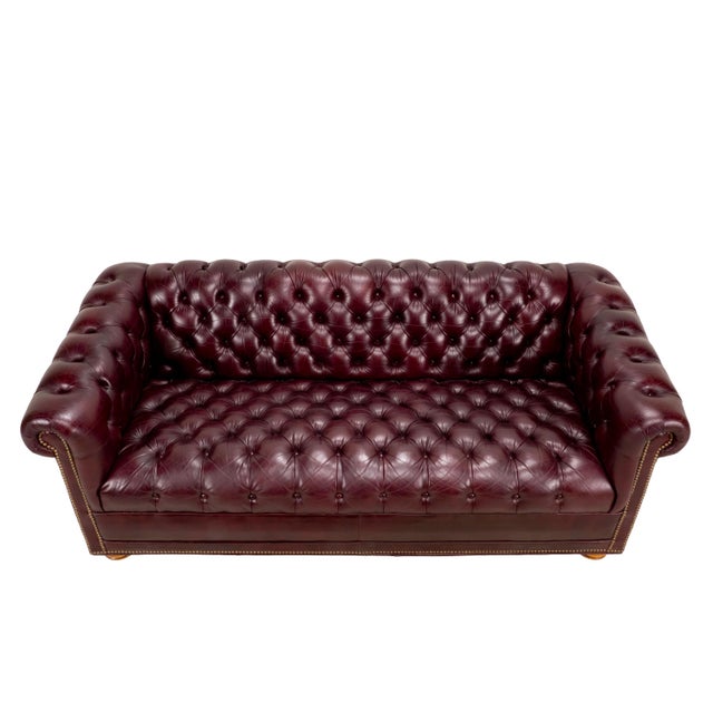 Burgundy Vintage 1970s Tufted English Chesterfield Style Burgundy Leather Sofa 76" For Sale - Image 8 of 18