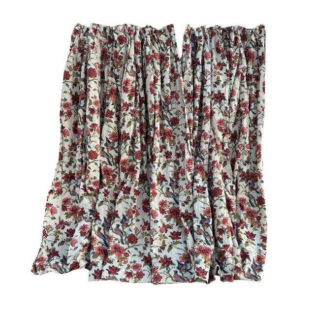 Schumacher Vintage Lined Linen-Cotton Blend Floral Ans Bird Chintz-Style Floor Length Drapes- Pair For Sale - Image 4 of 5
