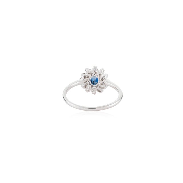 Art Deco Style Blue Sapphire & Baguette Diamond Halo Cluster Ring 14k Gold Size 5.5 For Sale - Image 10 of 17