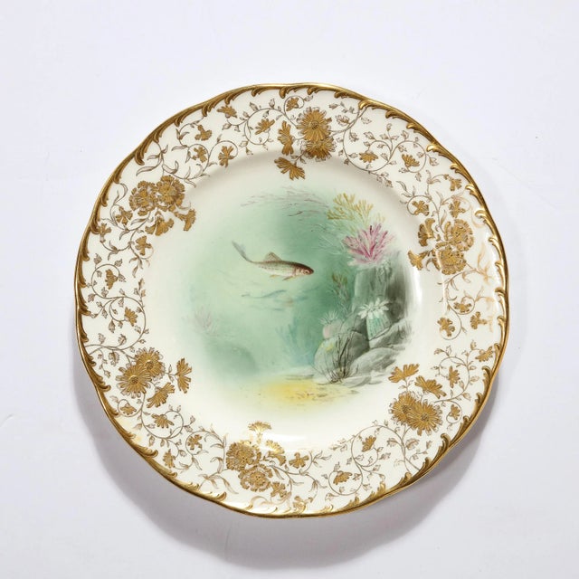 Cream Antique Set Eight Hand-Painted Minton Plates Depicting Fish Signed A. Holland For Sale - Image 8 of 12