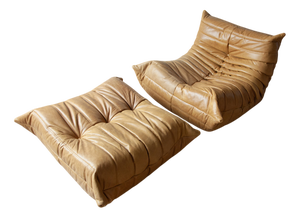 Set of Camel Brown Leather Togo Lounge Chair and Pouf by Michel Ducaroy for Ligne Roset