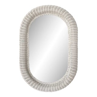 Vintage 1970s Boho White Wicker Racetrack Mirror For Sale