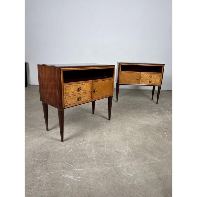 Elegant pair of 1950s bedside tables attributed to Paolo Buffa, one of the most refined figures in Italian mid-century...