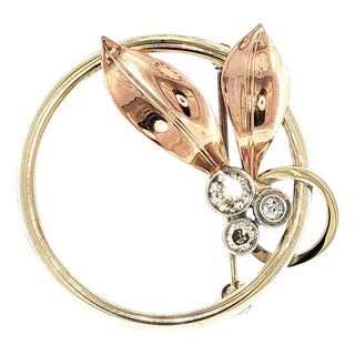 1940s 10 Karat Forstner 3 Diamond Circle and Leaf Brooch For Sale
