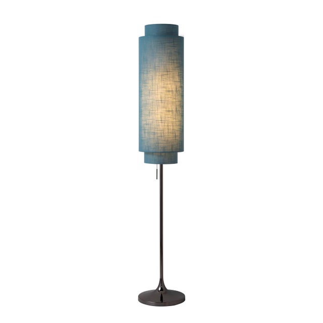 Lollipop Floor Lamp - Black Nickel, Sky Blue Linen Double Shade, on/Off Pull Chain For Sale - Image 4 of 16