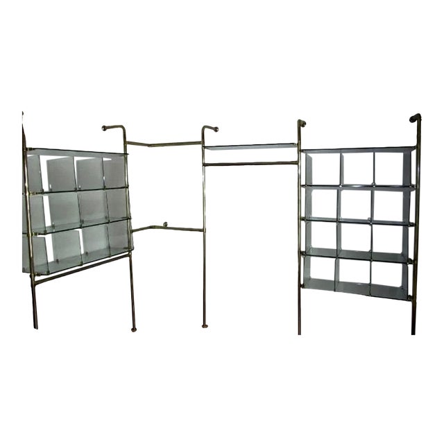 Mid Century Modern Four Bay Hanging Shelving Unit in Glass and Brass For Sale