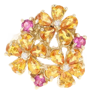 Sapphire Diamond Yellow Gold Floret Design Cocktail Ring, Size 7