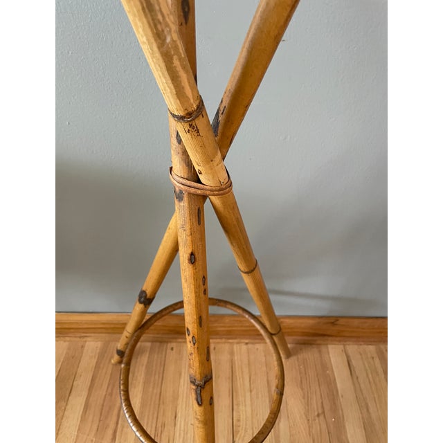 Unmarked Rosenthal Netter Beautiful vintage coastal pedestal stand crafted from natural bamboo and rattan, featuring a...