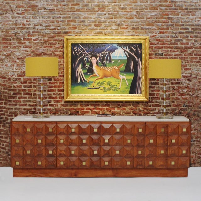 Square Pattern Oak and Brass Sideboard with Travertine Top, Italy, 2000 For Sale - Image 10 of 11