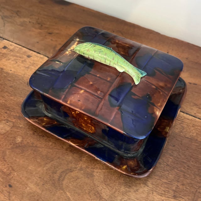 English Antique English 19th Century Majolica Sardine Box With Striking Turquoise Interior For Sale - Image 3 of 6