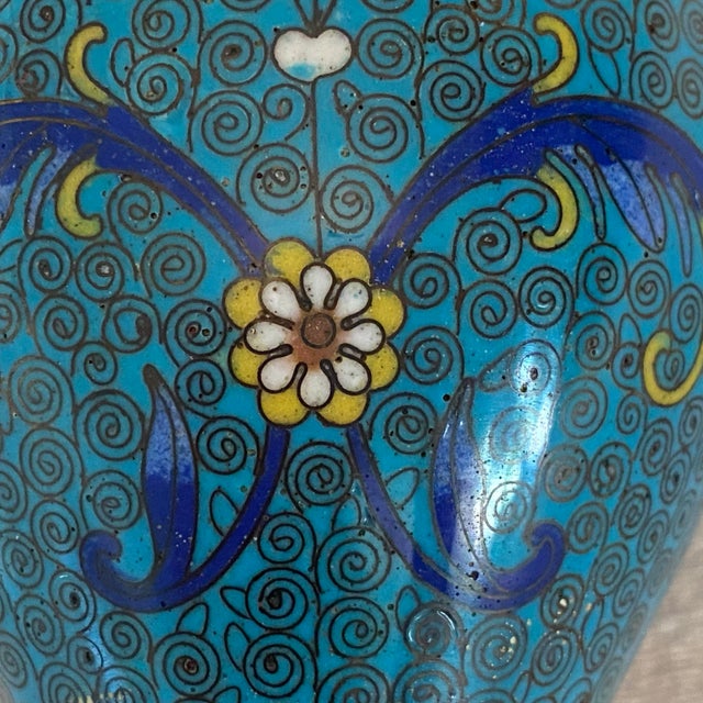 Antique Intricate Scroll and Floral Design Chinese Cloisonné Turquoise Vase For Sale - Image 10 of 12