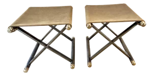 Pair of Late 20th Century Maison Jansen Style Brushed Steel, Brass and Nubuck Leather X-Frame Stools