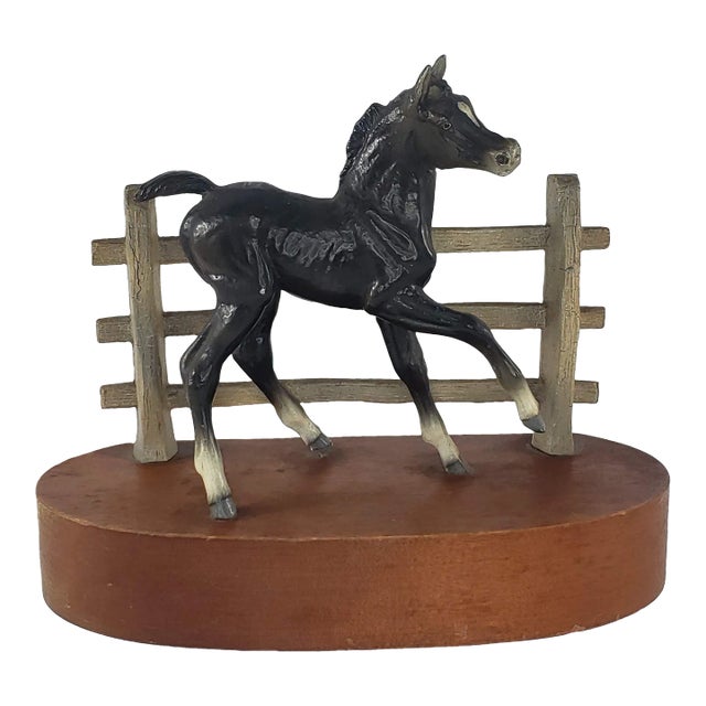 Vintage Mid Century Metal Foal Baby Horse on Wood Base Bookend For Sale