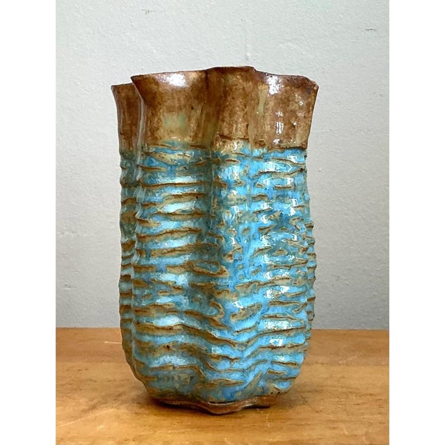 Ceramic Vintage Textured Blue Ceramic Vase For Sale - Image 7 of 12