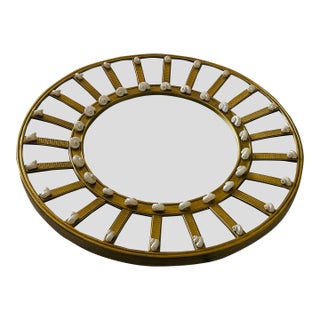 1970s 35” Round Bevelled Mirror With Turbo Sra Shells Mother of Pearl For Sale