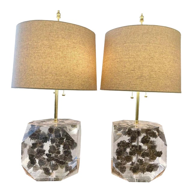 Lucite Layered Hexagonal Block Lamps by Freda Koblick - A Pair For Sale
