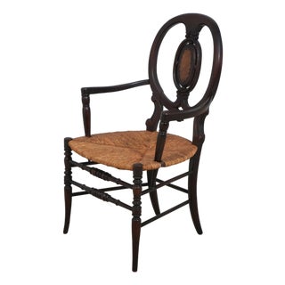 English Victorian Woven Rush Seat Open Armchair For Sale