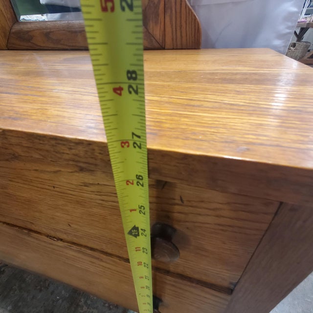 Wood Early 20th Century Three Drawer Oak Vanity Dresser With Arched Beveled Mirror For Sale - Image 7 of 11