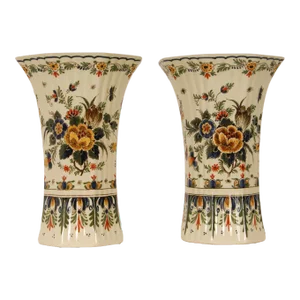 Vintage Royal Delft Beaker Vases Dutch Hand Painted Polychrome Earthenware Delftware Vases - a Pair