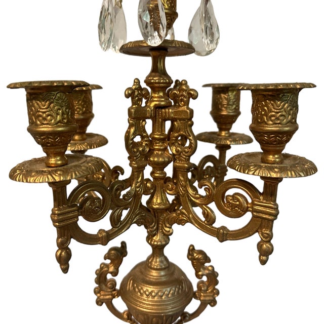 Pair of Vintage Italian Baroque Brass Brevattato 6 Light Candelabra W/Crystals & Snuffers For Sale - Image 4 of 6