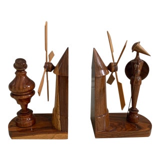 1950s Teak or Walnut Carved Windmill Bookends - a Pair For Sale