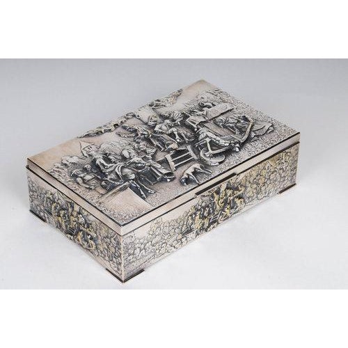Antique Continental Silverplate Covered Village Scene Motif Rectangular Box For Sale - Image 9 of 12