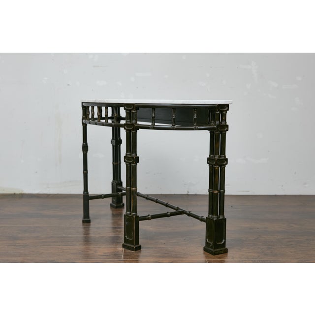 Black English Midcentury Demilune Table with Ebonized Bamboo Base, White Marble Top For Sale - Image 8 of 12