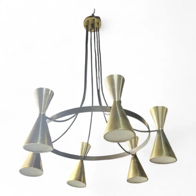 MCM Brass &amp; Black Metal Chandelier with Sculptural Trumpet Shades Striking mid-century modern chandelier featuring a...