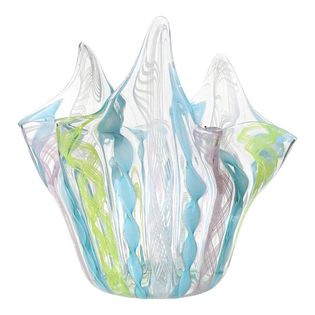 Vintage Murano Pink Yellow Blue Pastel Colors Italian Art Glass Fazzoletto Handkerchief Decorative Vase For Sale