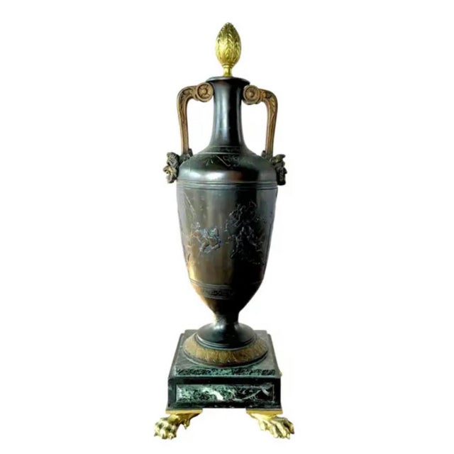 French Neoclassical Patinated Bronze and Marble Urn Vases, a Pair For Sale - Image 9 of 16