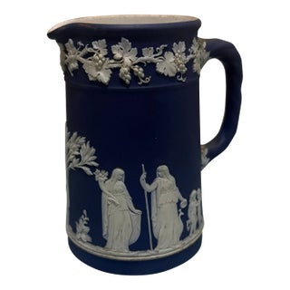 Vintage Wedgwood Cobalt Blue Dipped Jasperware Small Pitcher Jug — Classical Figures & Grapevine Relief For Sale